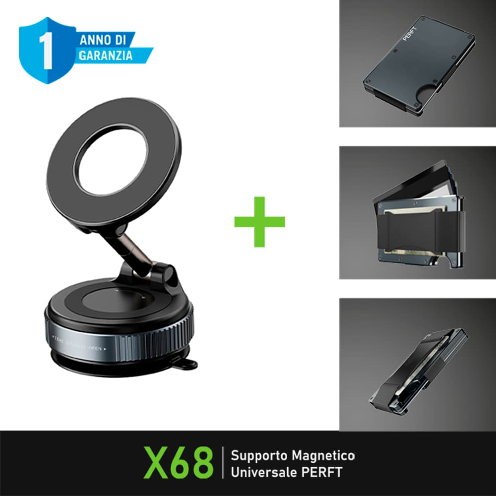 Supporto magnetico PERFT per telefono universale regolabile 360° con ventosa a vuoto + Porta tessere, Porta carte per veicolo con accesso rapido e protezione RFID™